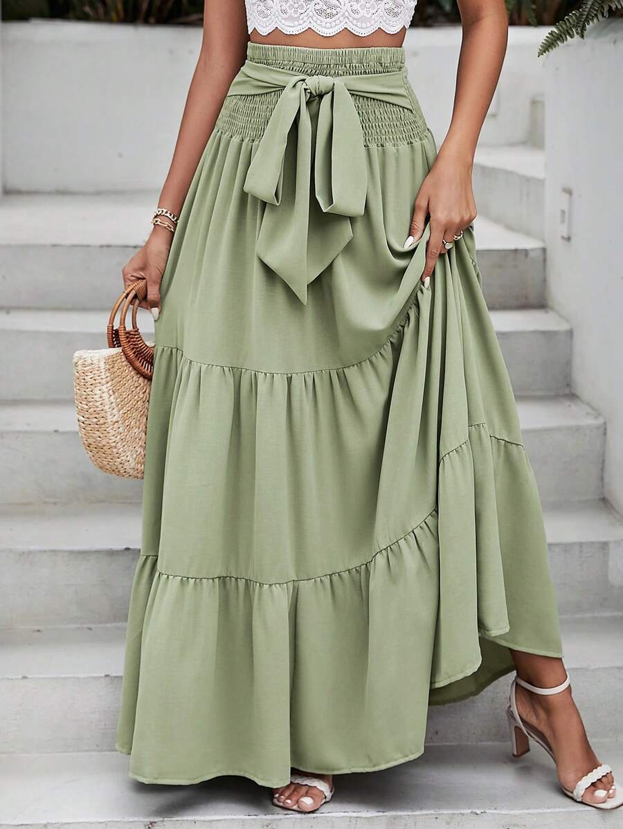 SHEIN VCAY 前繫帶荷葉邊腰帶半身裙 - 綠色 - 查看 1