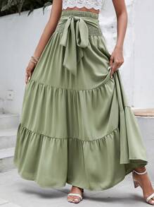 SHEIN VCAY 前繫帶荷葉邊腰帶半身裙 - 綠色 - 查看 3