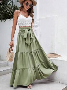 SHEIN VCAY 前繫帶荷葉邊腰帶半身裙 - 綠色 - 查看 5