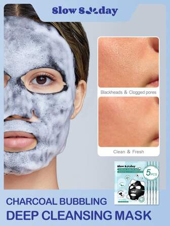 Slow Sunday Charcoal Bubbling Mask, 5 Pcs, Moisturizing Charcoal Bubbling Mask, Removes Excess Oil And Dirt, Unclogs Pores, Oil Control, Looking Radiant And Clean, Deeply Cleansing, Korean Mask, K Beauty, Ideal For Party, Suitable For Summer