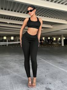 SHEIN SXY 素色短款背心和褶邊緊身打底褲 - 黑色 - 查看 2