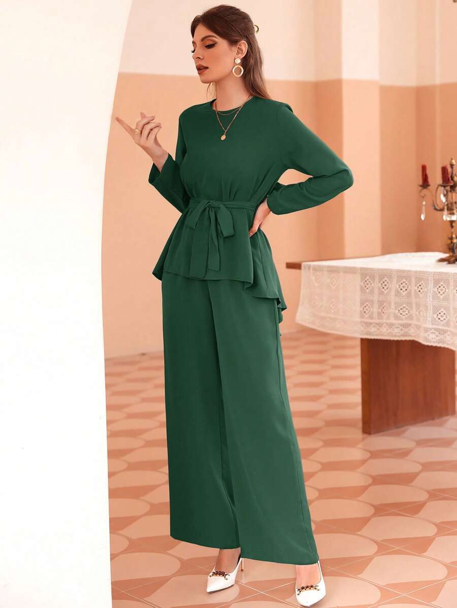 Al Najma Solid Belted Top & Wide Leg Trousers - Dark Green - View 1