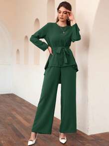 Al Najma Solid Belted Top & Wide Leg Trousers - Dark Green - View 3