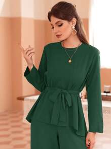 Al Najma Solid Belted Top & Wide Leg Trousers - Dark Green - View 7