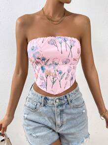 SHEIN VCAY Floral Print Bandana Hem Tube Top - Pink - View 3