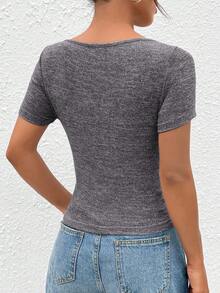 SHEIN EZwear 缺口領雜色針織T恤 - 深灰色 - 查看 2