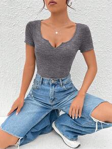 SHEIN EZwear 缺口領雜色針織T恤 - 深灰色 - 查看 6