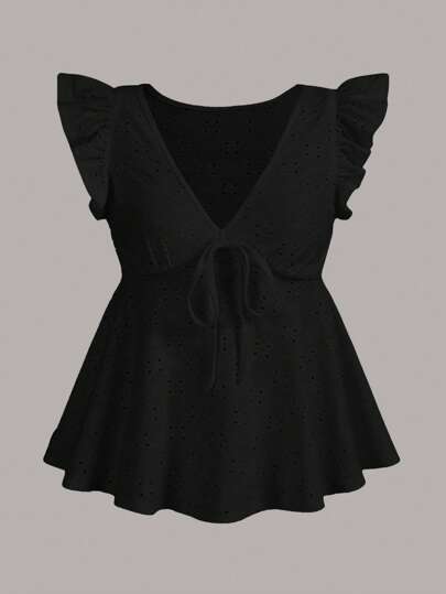 Soleia Ruffle Trim Knot Front Peplum Schiffy Tee