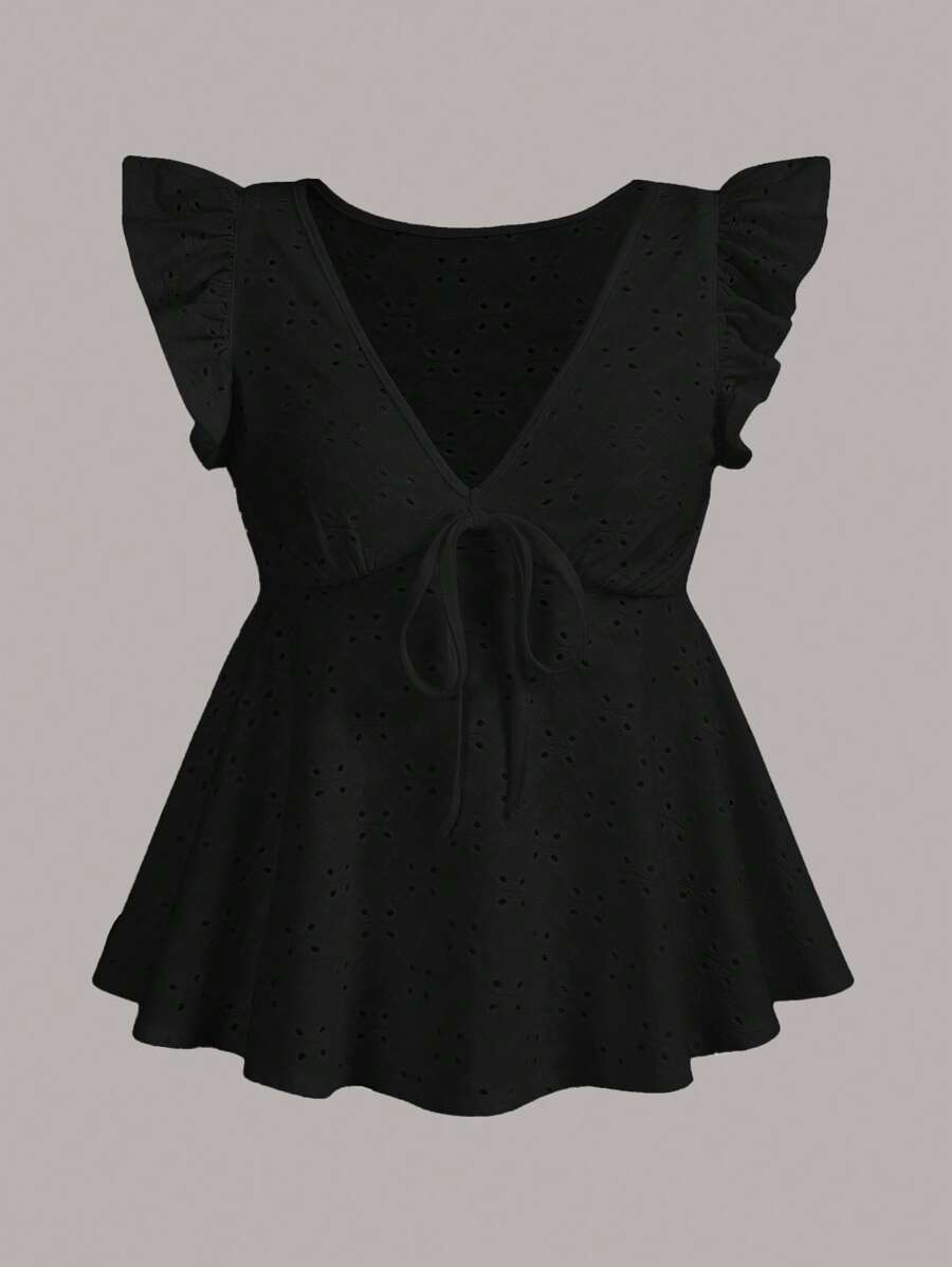 Soleia 荷葉邊前打結荷葉邊下擺網眼刺繡T恤