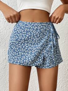 SHEIN PETITE Ditsy Floral Print Knot Side Wrap Skort - Blue - View 1