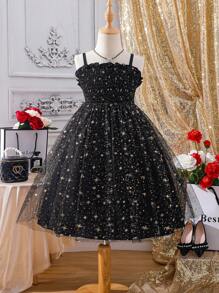 SHEIN 青少年女孩星形網眼收集胸部背心裙 - 黑色 - 查看 1