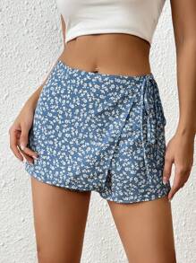 SHEIN PETITE Ditsy Floral Print Knot Side Wrap Skort - Blue - View 6