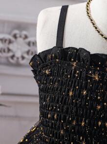 SHEIN 青少年女孩星形網眼收集胸部背心裙 - 黑色 - 查看 3