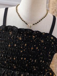 SHEIN 青少年女孩星形網眼收集胸部背心裙 - 黑色 - 查看 5