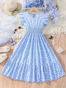 Girls Ditsy Floral Print Ruffle Trim Ruffle Hem Dress Cottagecore Dress - Blue - View 1