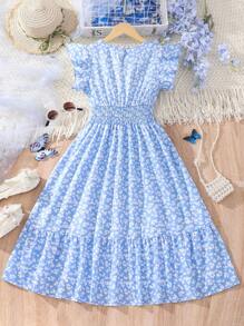 Girls Ditsy Floral Print Ruffle Trim Ruffle Hem Dress Cottagecore Dress - Blue - View 2