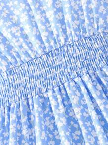 Girls Ditsy Floral Print Ruffle Trim Ruffle Hem Dress Cottagecore Dress - Blue - View 3