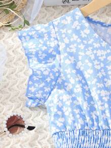 Girls Ditsy Floral Print Ruffle Trim Ruffle Hem Dress Cottagecore Dress - Blue - View 4