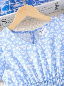 Girls Ditsy Floral Print Ruffle Trim Ruffle Hem Dress Cottagecore Dress - Blue - View 8