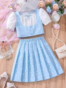 Bộ hai mảnh Gái Nơ Bướm Nếp gấp Phần Ngực Khối Màu Đồ họa Dễ thương - Xanh và trắng - Xem 1