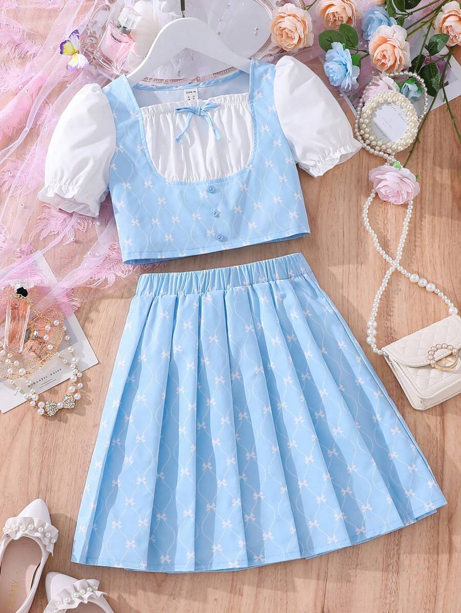 Bộ hai mảnh Gái Nơ Bướm Nếp gấp Phần Ngực Khối Màu Đồ họa Dễ thương - Xanh và trắng - Xem 1