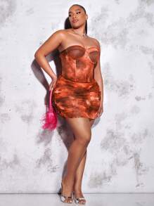 SHEIN BAE 大碼紮染褶邊包臀半身裙 - 橘色 - 查看 4