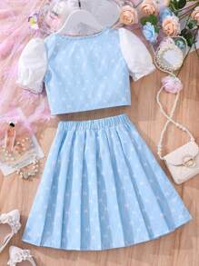 Bộ hai mảnh Gái Nơ Bướm Nếp gấp Phần Ngực Khối Màu Đồ họa Dễ thương - Xanh và trắng - Xem 2