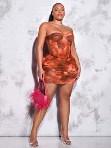 SHEIN BAE 大碼紮染褶邊包臀半身裙 - 橘色 - 查看 6