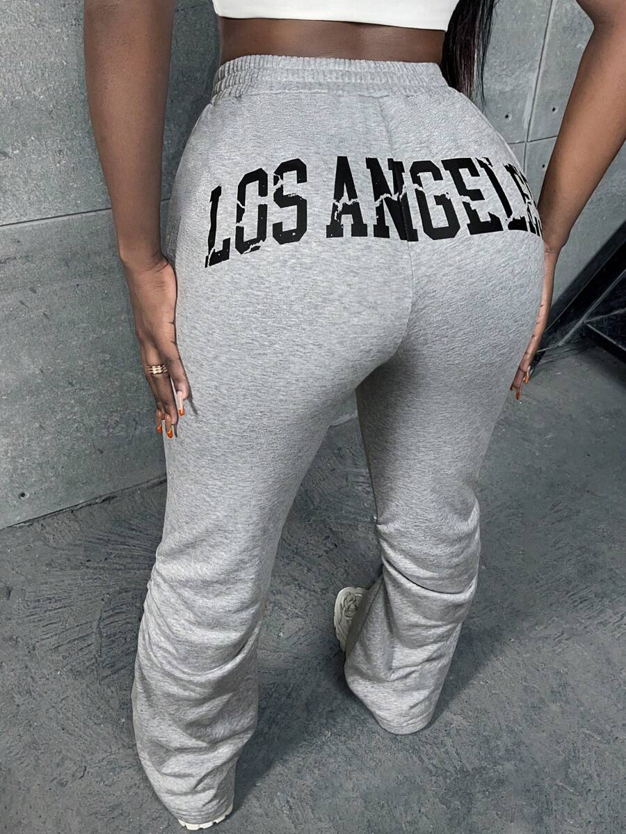 Slaydiva Letter Graphic Ruched Joggers - Light Grey - View 1