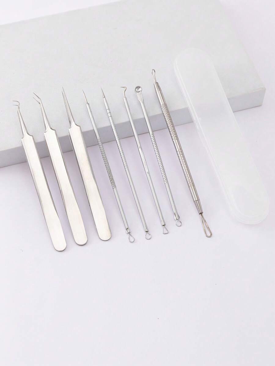 Set de agujas para el acné, 8 piezas de herramienta de extracción de acné de acero inoxidable con caja para el cuidado de la piel - Plateado - Ver 1