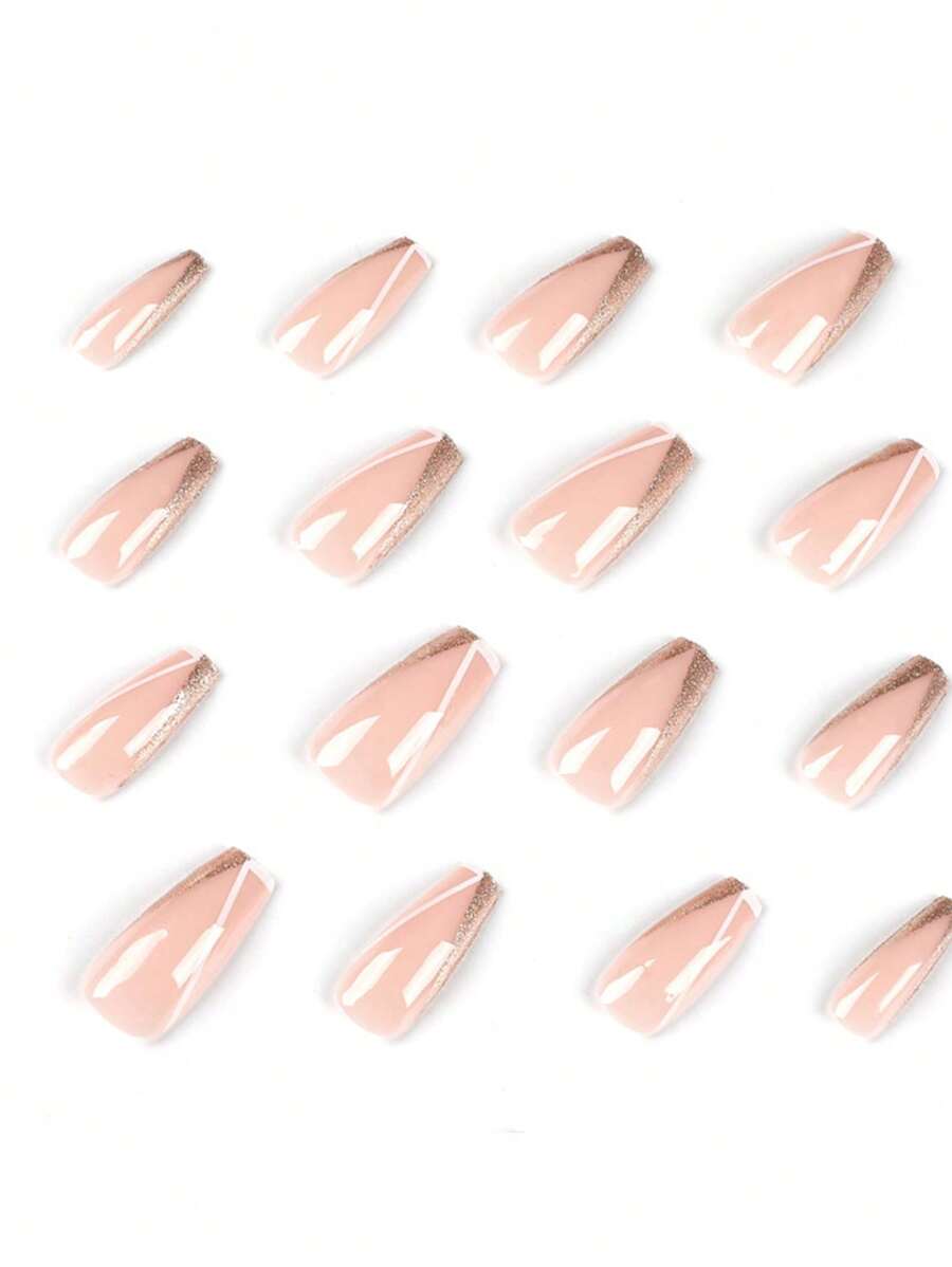 使用 24入組套 Groovy 閃光 V 形法式尖頭口音長棺材閃光全覆蓋假指甲套裝提升您的風格 - 彩色 - 查看 1