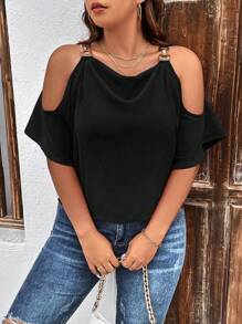 SHEIN LUNE Áo sơ mi Plus Size Cắt ra màu trơn Giải trí - màu đen - Xem 3