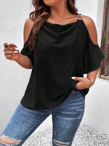 SHEIN LUNE Áo sơ mi Plus Size Cắt ra màu trơn Giải trí - màu đen - Xem 4