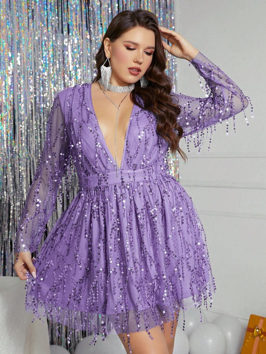 Double Crazy 大碼深V領亮片裝飾網紗覆蓋連衣裙 - 紫色 - 查看 1