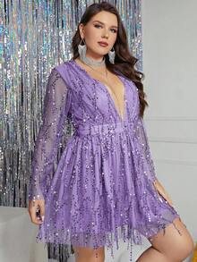 Double Crazy 大碼深V領亮片裝飾網紗覆蓋連衣裙 - 紫色 - 查看 5