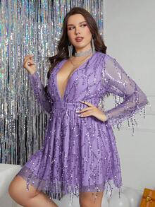 Double Crazy 大碼深V領亮片裝飾網紗覆蓋連衣裙 - 紫色 - 查看 6