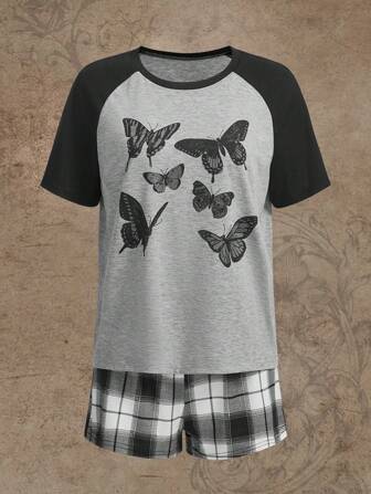 Fairycore Butterfly Print Raglan Sleeve Tee & Plaid Lounge Set