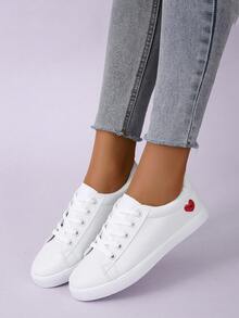 新款加大码白色帆布鞋，百搭学生运动鞋，时尚平底校鞋，休闲系带运动鞋 - 白色 - 查看 3