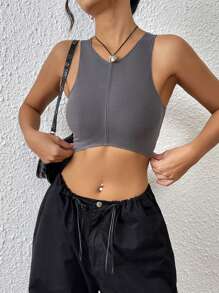 SHEIN EZwear Solid Crop Tank Top - Dark Grey - View 1