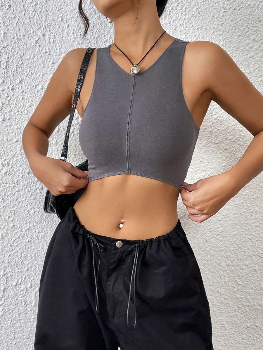SHEIN EZwear Solid Crop Tank Top - Dark Grey - View 1