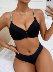 MidnightGlam Rhinestone Detail Underwire Bra Lingerie, Lingerie For Women,Sexy,Valentine's Day,Wedding - Black - View 6