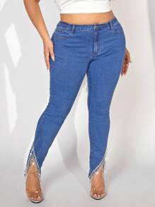 Plus Slit Hem Skinny Jeans - Medium Wash - View 1