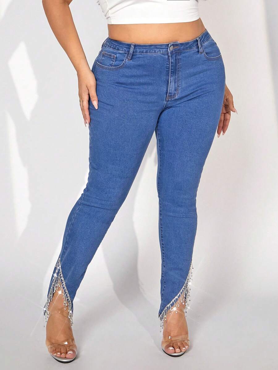 Plus Slit Hem Skinny Jeans - Medium Wash - View 1