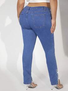 Plus Slit Hem Skinny Jeans - Medium Wash - View 2