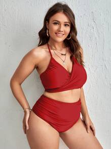 SHEIN Swim Curve Plus Size Solid Halter Bikini Set Summer Beach - Burgundy - View 1