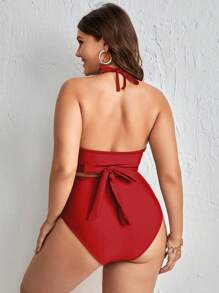 SHEIN Swim Curve Plus Size Solid Halter Bikini Set Summer Beach - Burgundy - View 2