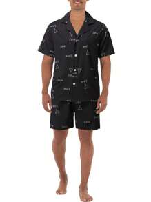男士1入組愛心和字母圖案睡襯衫&1入組睡衣短褲 - 黑色 - 查看 2