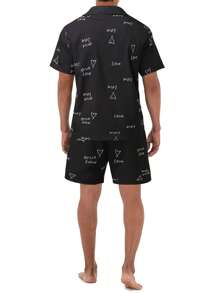 男士1入組愛心和字母圖案睡襯衫&1入組睡衣短褲 - 黑色 - 查看 3