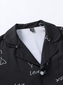 男士1入組愛心和字母圖案睡襯衫&1入組睡衣短褲 - 黑色 - 查看 4