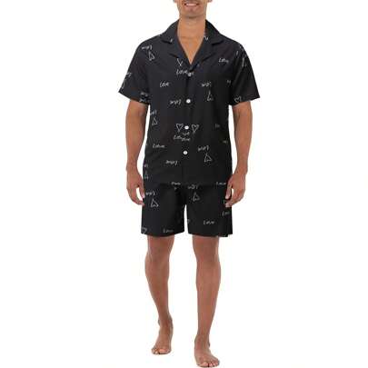 Men 1pc Heart & Letter Graphic Sleep Shirt & 1pc Sleep Shorts